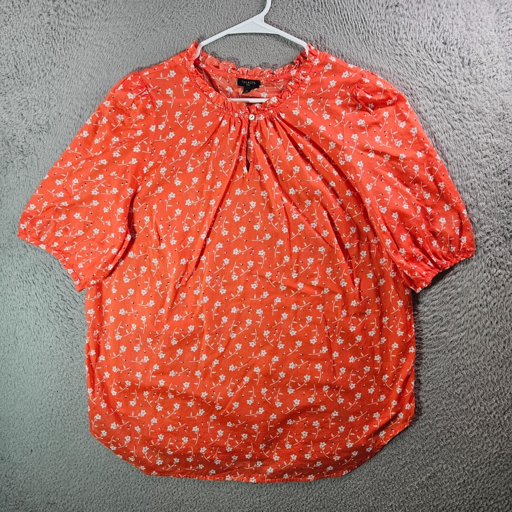 Talbots Top Blouse Women 1X Plus Floral Print Short Sleeve‎ Orange